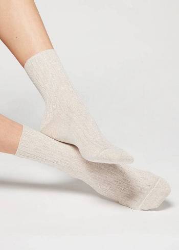 Women's Calzedonia Glitter Herringbone Design Short Socks Beige | IE2441GL