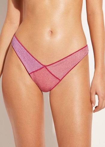 Women's Calzedonia High Cut Brazilian Lamé Lisbona Bikini Bottoms Pink | IE1392JJ