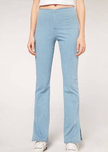 Women's Calzedonia High-Waist Flared in Denim with Slits Jeans Blue | IE2599DN