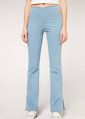 Women's Calzedonia High-Waist Flared in Denim with Slits Leggings Blue | IE2660VD