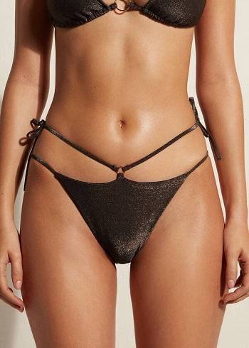 Women's Calzedonia Lamé Brazilian Side String Hollywood Bikini Bottoms Black | IE1485YU