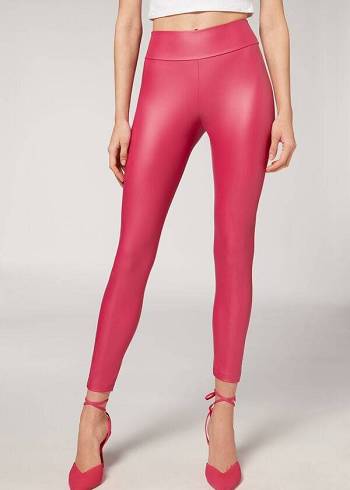 Women's Calzedonia Leather Effect Leggings Pink | IE2664LH