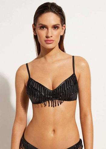 Women's Calzedonia Lightly Padded Tank-Style Taipei Bikini Tops Black | IE1780GL