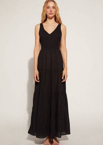 Women's Calzedonia Long Dress with Ruffled Skirt Cover Ups Black | IE2100VD