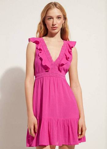 Women's Calzedonia Mini Dress with Ruffle and Passementerie Cover Ups Pink | IE2108TV