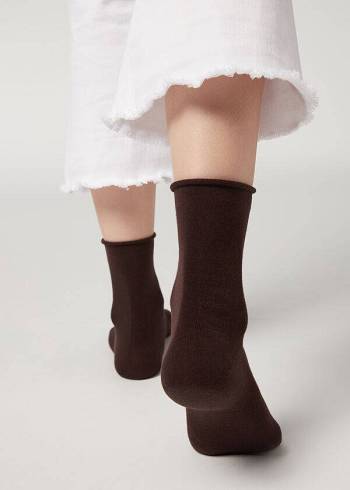 Women's Calzedonia Non-Elastic Cotton Ankle Short Socks Brown | IE2451TV