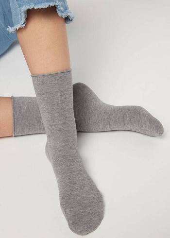 Women's Calzedonia Non-Elastic Cotton Ankle Short Socks Silver | IE2452RW