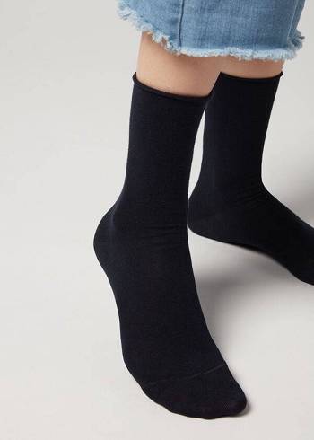 Women's Calzedonia Non-Elastic Cotton Ankle Short Socks Navy / Blue | IE2454WY