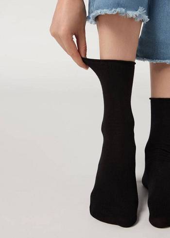 Women's Calzedonia Non-Elastic Cotton Ankle Short Socks Black | IE2457NB