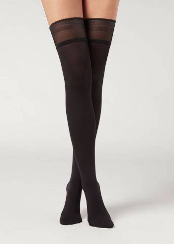 Women's Calzedonia Opaque soft touch Thigh-Highs Stockings Black | IE1268VD