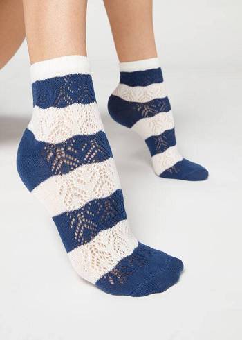 Women's Calzedonia Openwork and Striped Short Socks Blue | IE2463LH