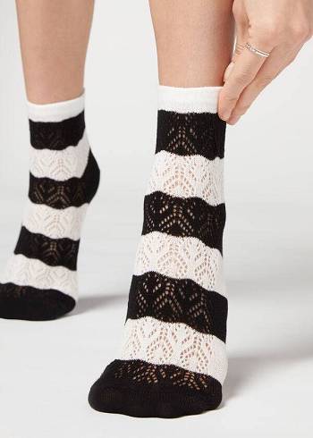 Women's Calzedonia Openwork and Striped Short Socks Black | IE2464KI