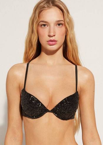 Women's Calzedonia Padded Push-Up Cannes rosa Bikini Tops Black | IE1843MA