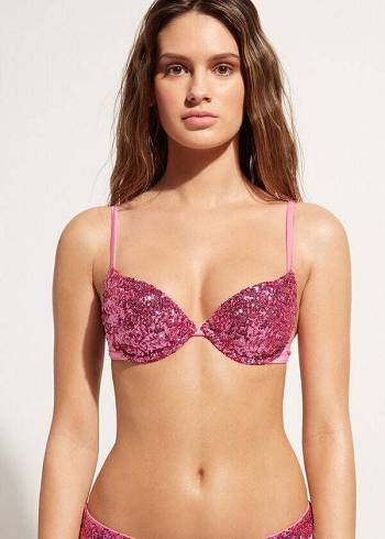 Women's Calzedonia Padded Push-Up Cannes rosa Bikini Tops Pink | IE1844QZ