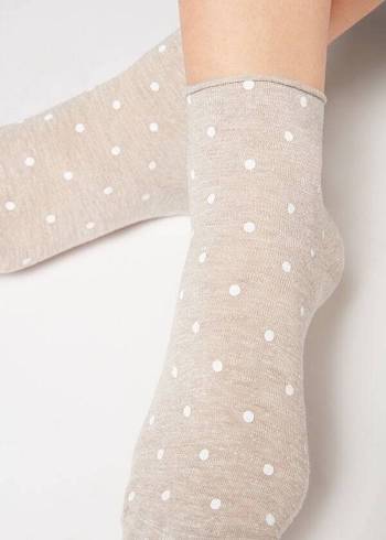 Women's Calzedonia Polka Dot Motif with Linen Short Socks Beige | IE2466HK