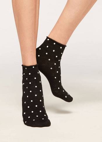 Women's Calzedonia Polka Dot Motif with Linen Short Socks Black | IE2467GL