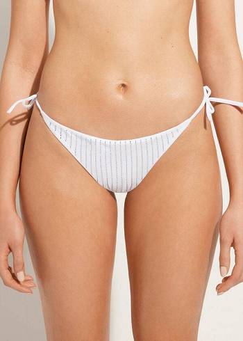 Women's Calzedonia Rhinestone Brazilian String Shanghai Bikini Bottoms White | IE1519FM