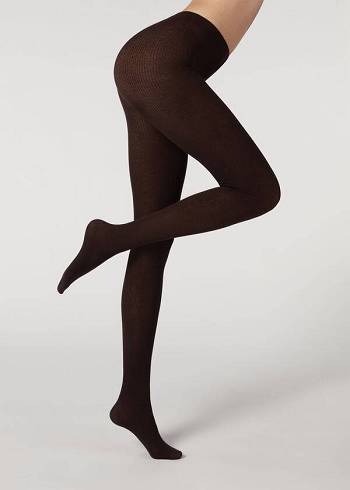 Women's Calzedonia Ribbed Cashmere Blend Patterned Tights Coffee | IE1122UT