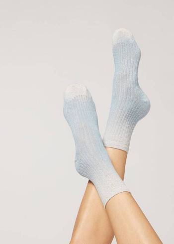 Women's Calzedonia Ribbed Faded with Glitter Short Socks Blue | IE2476YU