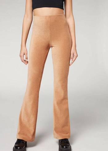 Women's Calzedonia Ribbed Flared Velvet Leggings Brown | IE2673PQ