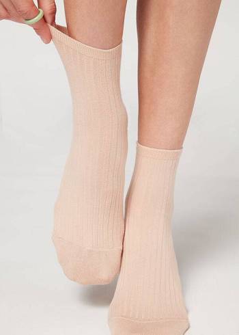 Women's Calzedonia Ribbed Short Socks Beige / Brown | IE2482MA