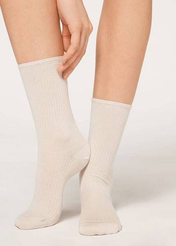 Women's Calzedonia Ribbed Short Socks Beige | IE2487XF