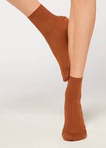 Women's Calzedonia Ribbed Short Socks Brown | IE2484BC