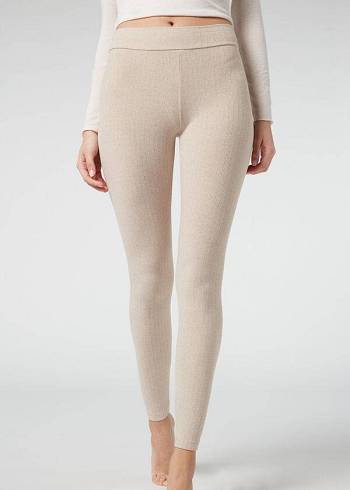 Women's Calzedonia Ribbed with Cashmere Leggings Beige | IE2674OR