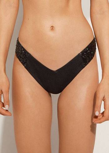 Women's Calzedonia Sequined High-Cut Brazilian Cannes Cheeky Bikini Bottoms Black | IE1545FM