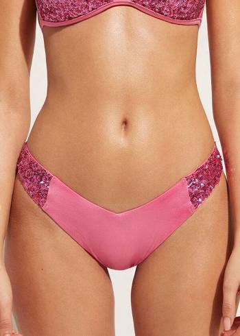 Women's Calzedonia Sequined High-Cut Brazilian Cannes Cheeky Bikini Bottoms Pink | IE1546GL