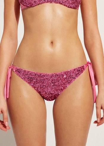 Women's Calzedonia Sequined Side-Tie Cannes Bikini Bottoms Pink | IE1550LH