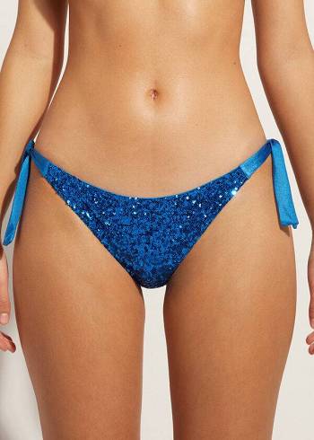 Women's Calzedonia Sequined Side-Tie Cannes Bikini Bottoms Blue | IE1551ZG