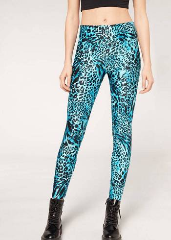 Women's Calzedonia Shiny Animal-Print Athletic Leggings Turquoise | IE2681WY