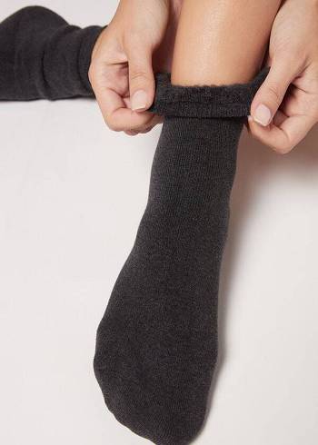 Women's Calzedonia Short Cotton Thermal Short Socks Grey / Black | IE2492HK