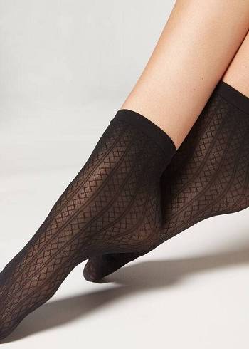 Women's Calzedonia Short Diamond Patterned Eco Short Socks Black | IE2496SO