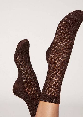 Women's Calzedonia Short Openwork with Glitter Short Socks Coffee | IE2506WY