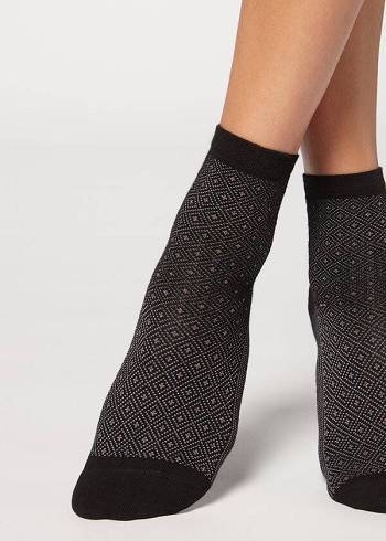 Women's Calzedonia Short Patterned Short Socks Black | IE2509NB