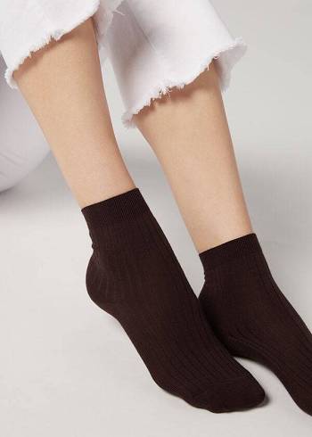 Women's Calzedonia Short Ribbed with Cotton and Cashmere Short Socks Brown | IE2513XF