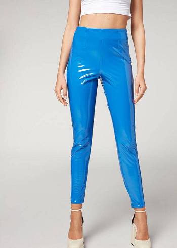 Women's Calzedonia Skinny in Thermal Vinyl Leggings Blue | IE2685BC