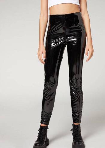 Women's Calzedonia Skinny in Thermal Vinyl Leggings Black | IE2686VD