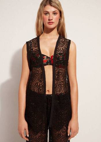 Women's Calzedonia Sleeveless Crochet Cover Ups Black | IE2115SO