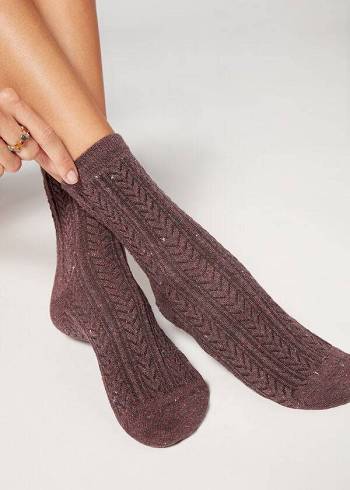 Women's Calzedonia Slub Cotton Short Socks Burgundy | IE2531EX