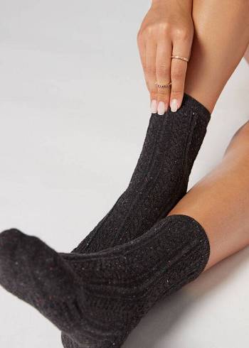 Women's Calzedonia Slub Cotton Short Socks Black | IE2535NB