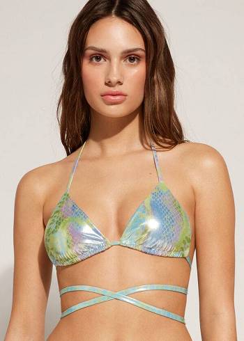 Women's Calzedonia Snake-Pattern Triangle String Las Palmas Bikini Tops Green | IE1959SO