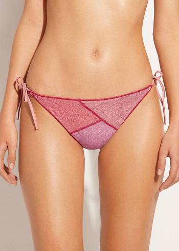 Women's Calzedonia String Tie Lamé Lisbona Bikini Bottoms Pink | IE1621SO