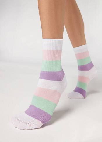 Women's Calzedonia Stripe Patterned Short Socks White | IE2542KI