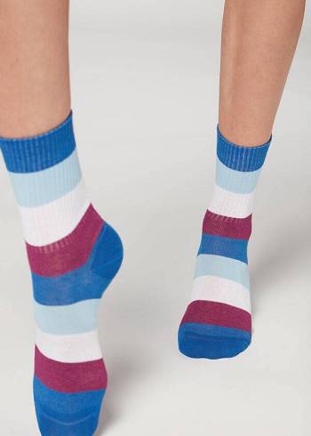 Women's Calzedonia Stripe Patterned Short Socks Blue | IE2543JJ