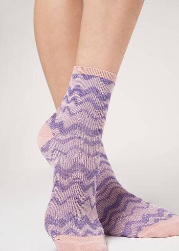 Women's Calzedonia Wave Motif with Glitter Short Socks Purple / Beige | IE2555TV