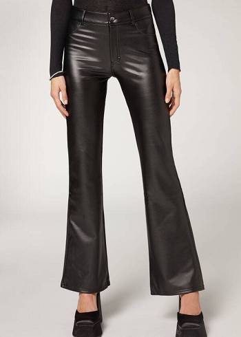 Women's Calzedonia Zip and Button Coated Thermal Flared Pants Black | IE2745OR