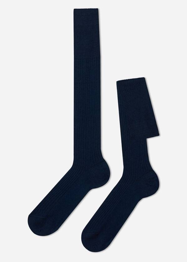 Men\'s Calzedonia Lisle Thread Ribbed Long Socks Navy | IE2754MA